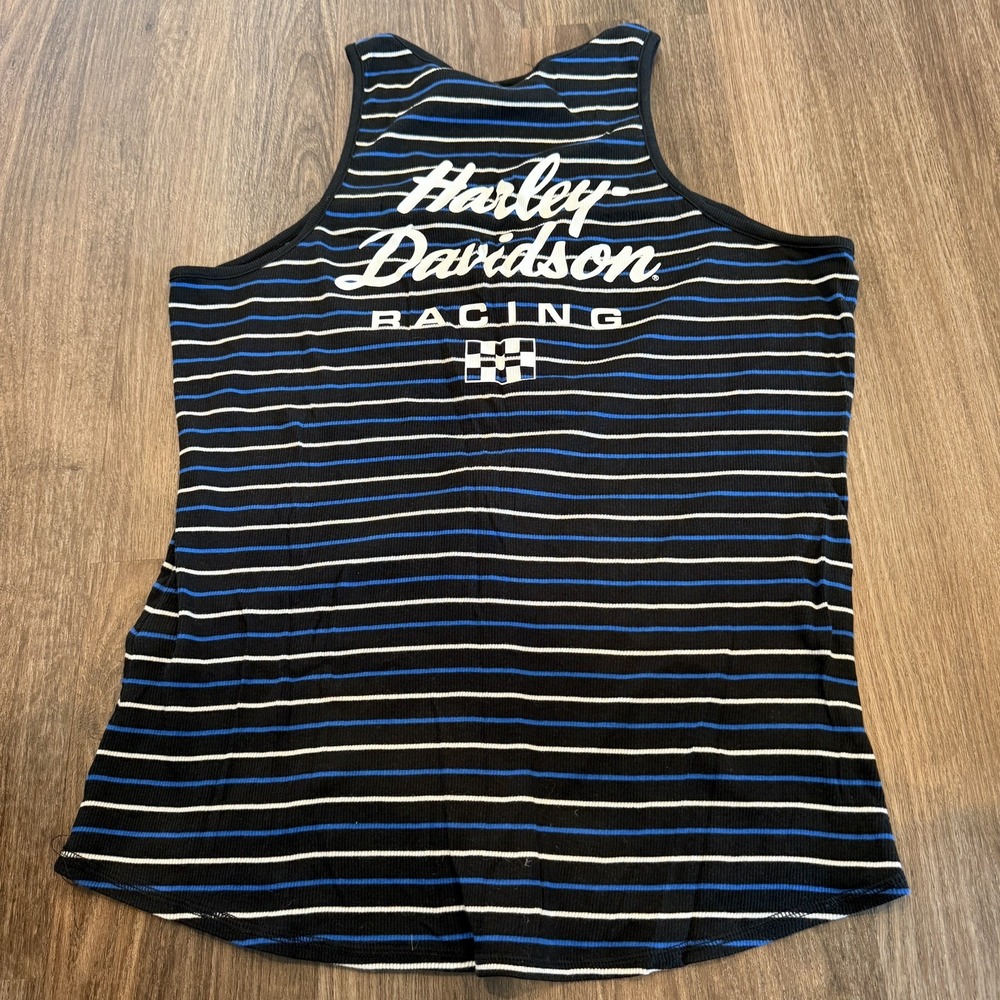 Harley Davidson Sleeveless Tank Top Womens 2XL (fits like XL) Blue Black Stripe